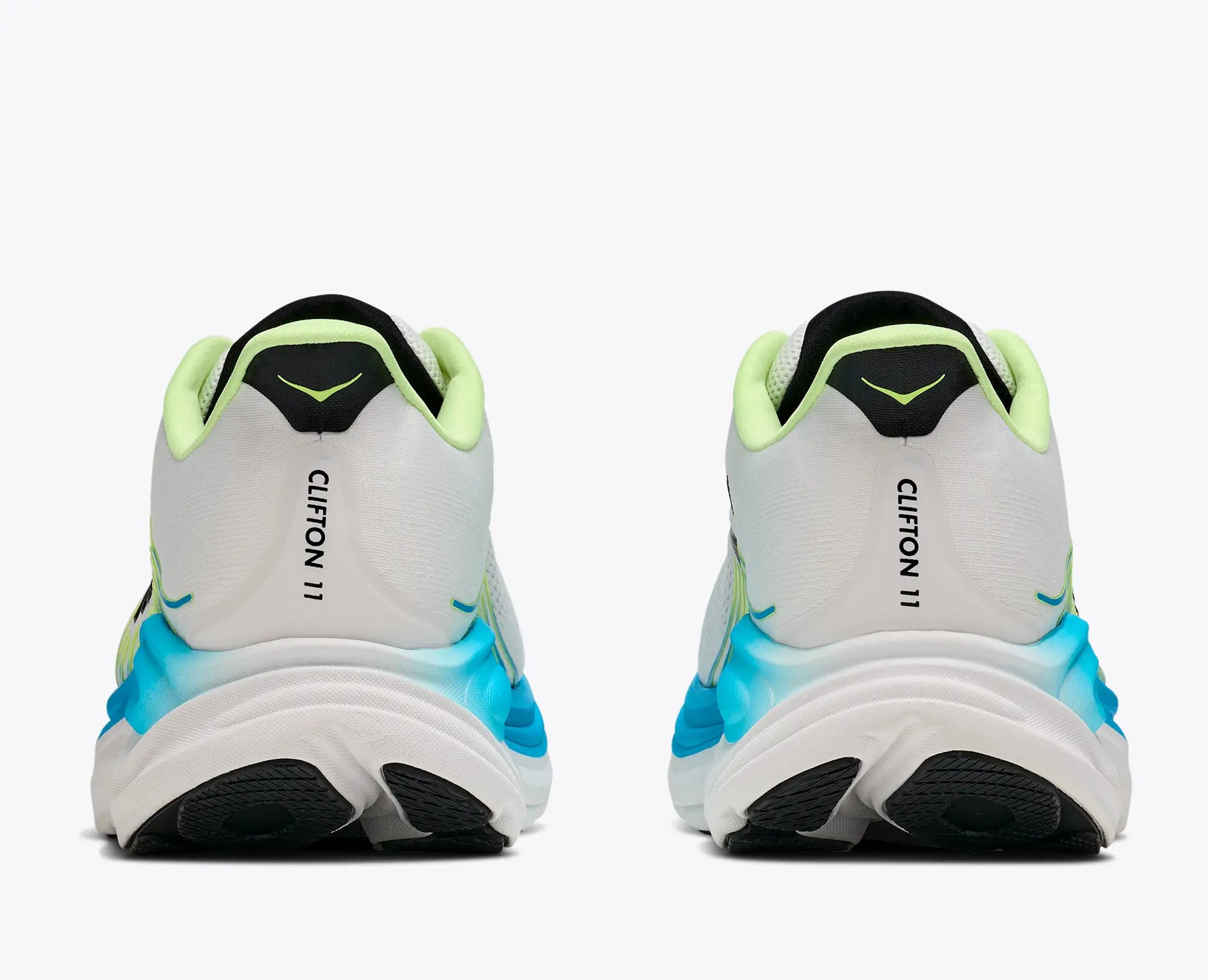 Hoka Clifton 11 running shoes in Frost Black shown from rear angle pair