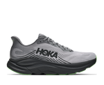 HOKA Clifton 11 running shoe lateral side view showing grey upper and black midsole