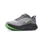 HOKA Clifton 11 running shoe in grey with green accent, medial three-quarter view