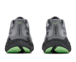 Rear view of pair of HOKA Clifton 11 running shoes showing green outsole and grey heel