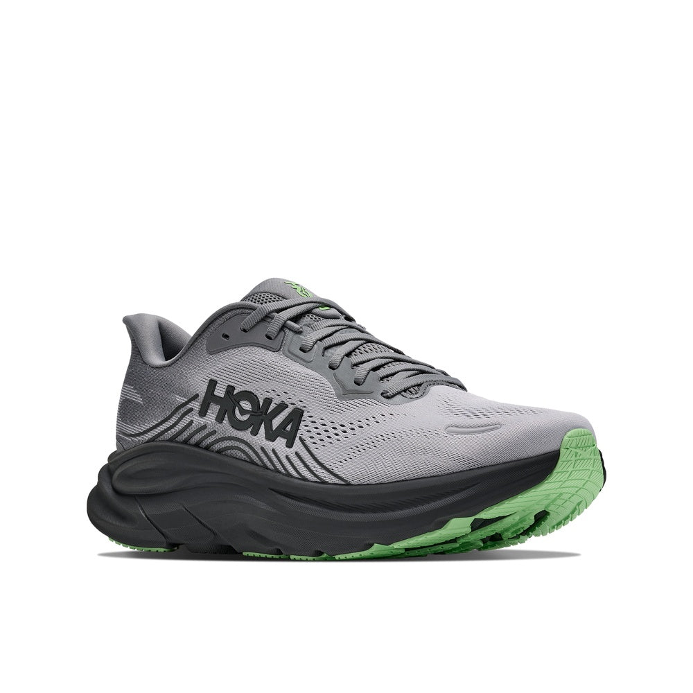 HOKA Clifton 11 running shoe in grey and black with green outsole, lateral view