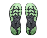 Bottom sole view of pair of HOKA Clifton 11 shoes showing green and black tread pattern