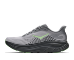 HOKA Clifton 11 running shoe medial side view in grey with green outsole accent