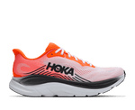 HOKA Clifton 11 running shoe in neon tangerine and frost colorway, lateral view
