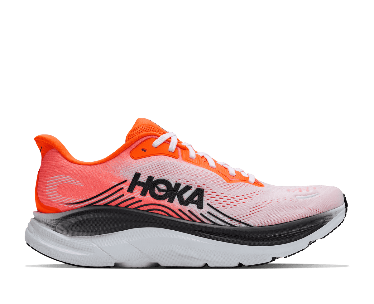 HOKA Clifton 11 running shoe in neon tangerine and frost colorway, lateral view