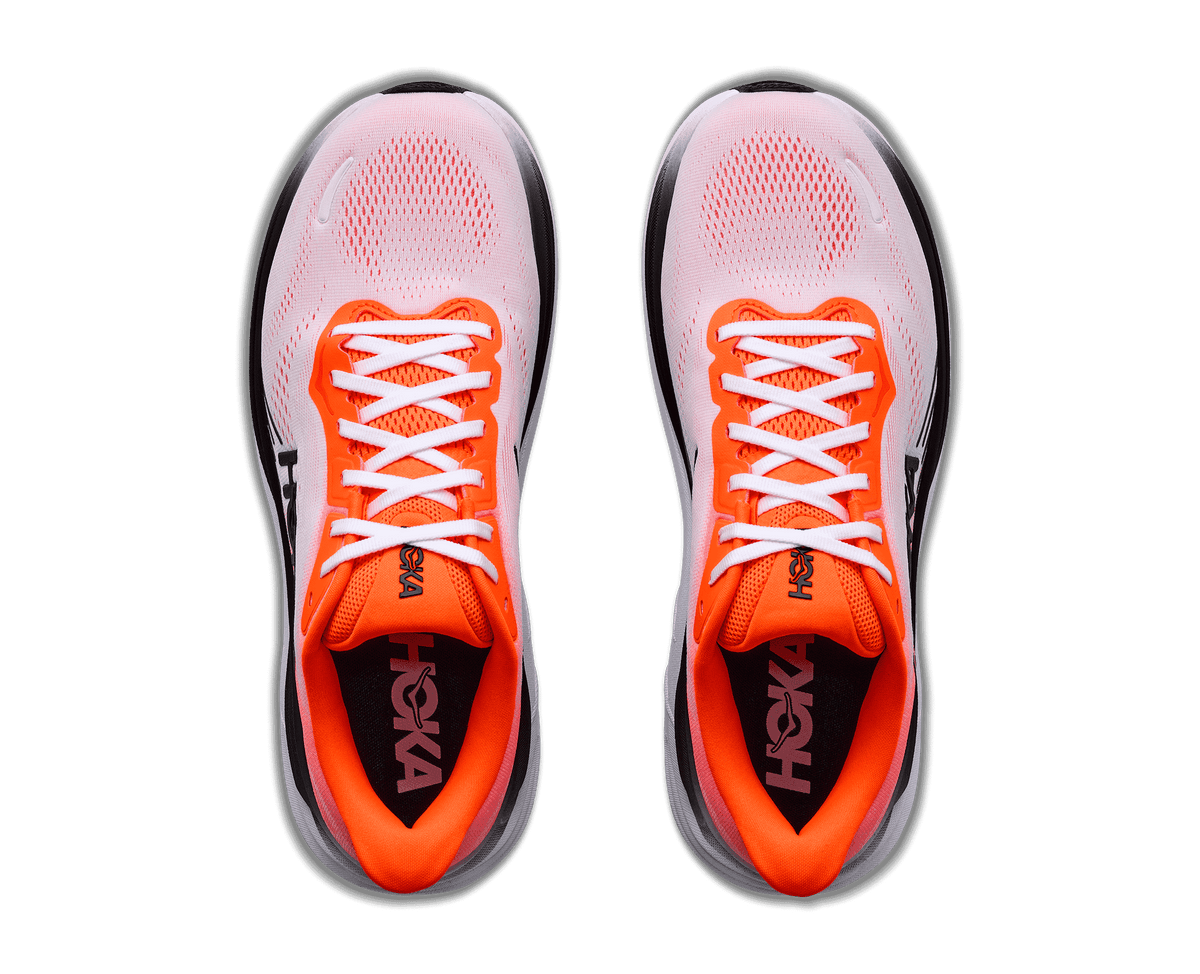 HOKA Clifton 11 pair shown from top-down view in neon tangerine and frost colors