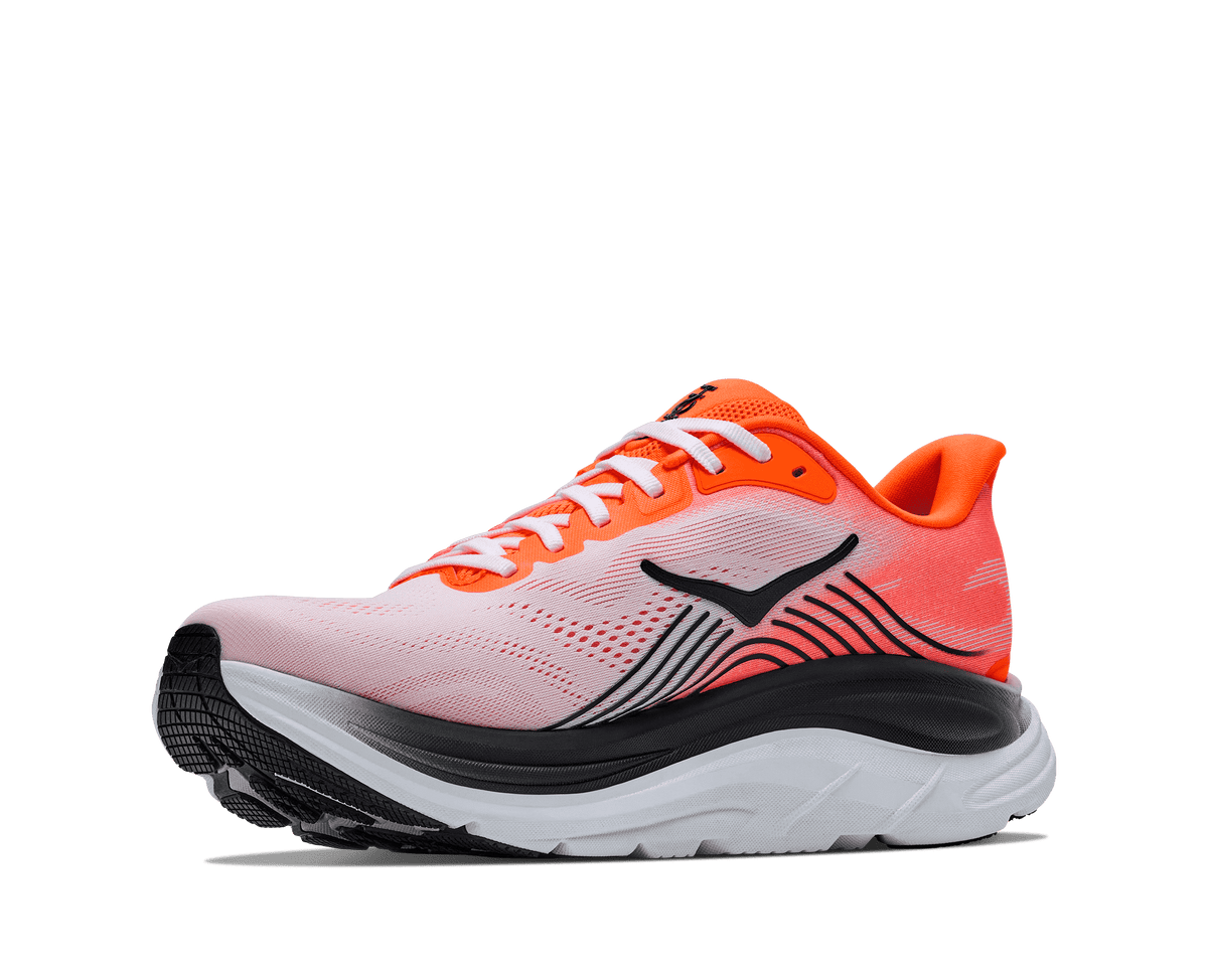 HOKA Clifton 11 running shoe in neon tangerine and frost, three-quarter front view