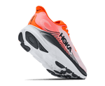 HOKA Clifton 11 shoe rear-quarter view showing outsole and neon tangerine heel details