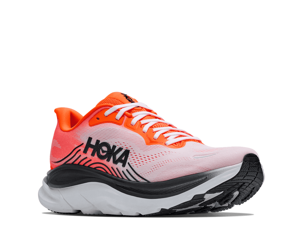 HOKA Clifton 11 running shoe in neon tangerine and frost, three-quarter medial view
