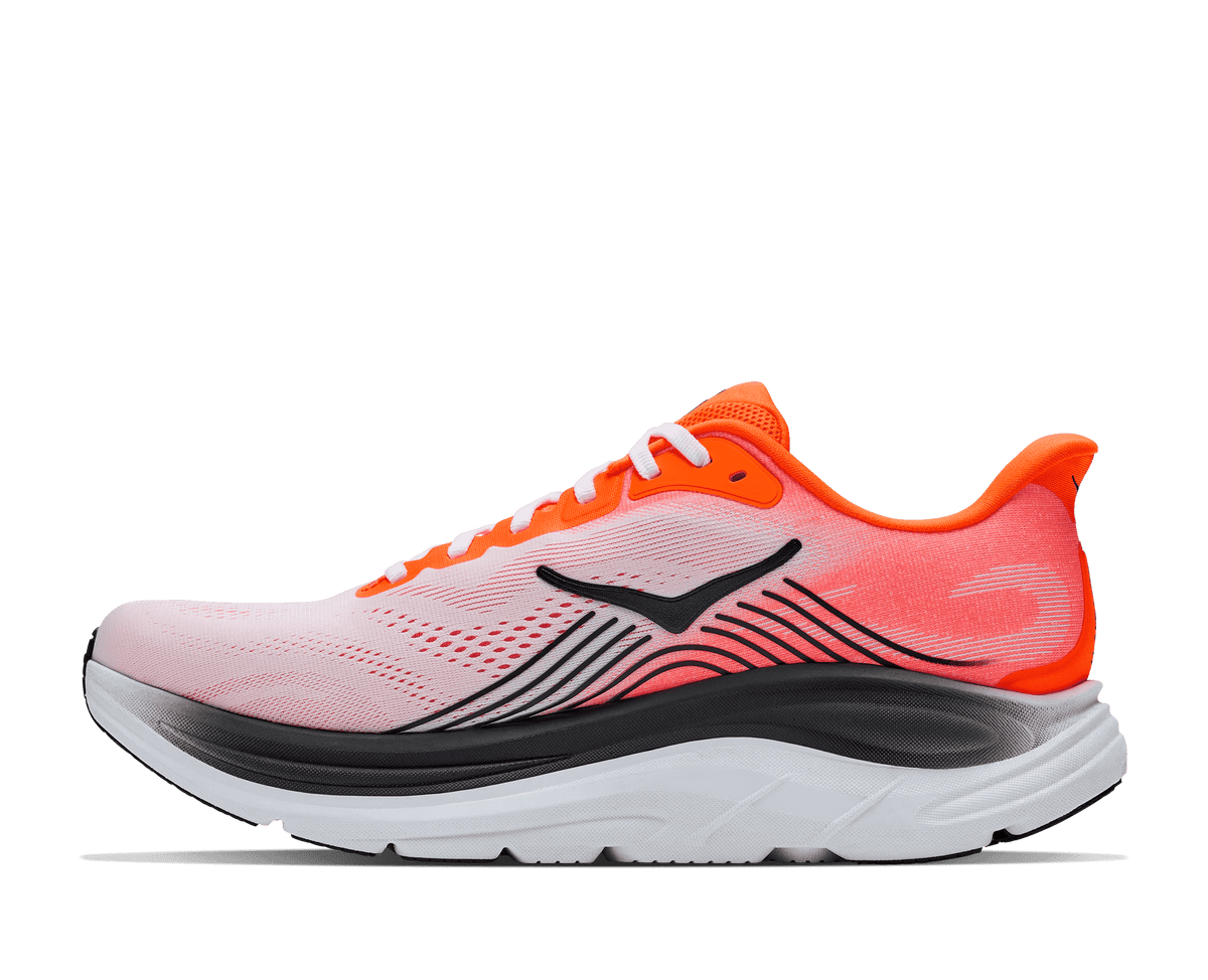 HOKA Clifton 11 running shoe in neon tangerine and frost colorway, medial side view