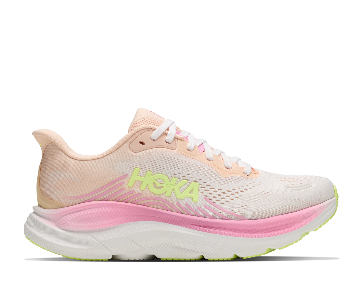 HOKA Clifton 11 women's running shoe in peach tangerine glow and white, lateral view