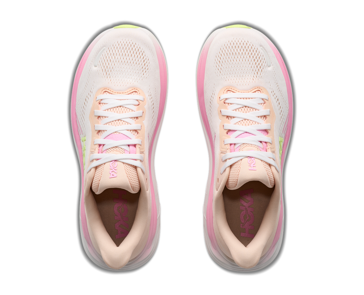 HOKA Clifton 11 running shoes pair shown from top-down view in tangerine glow white