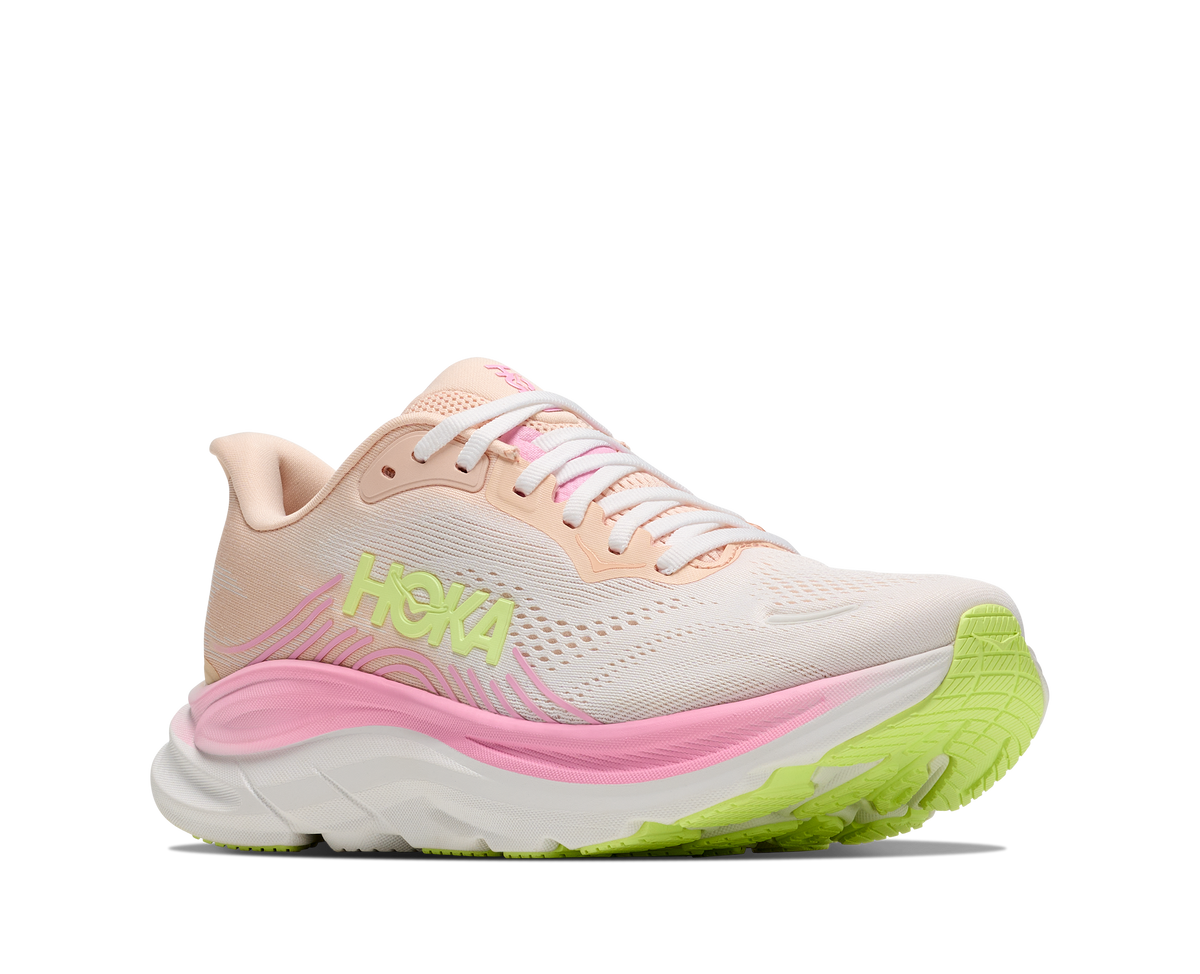 HOKA Clifton 11 women's running shoe in tangerine glow white, three-quarter front view