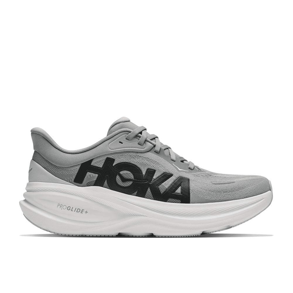 HOKA Clifton Pro running shoe in Stellar Grey with white ProGlide+ midsole, lateral view