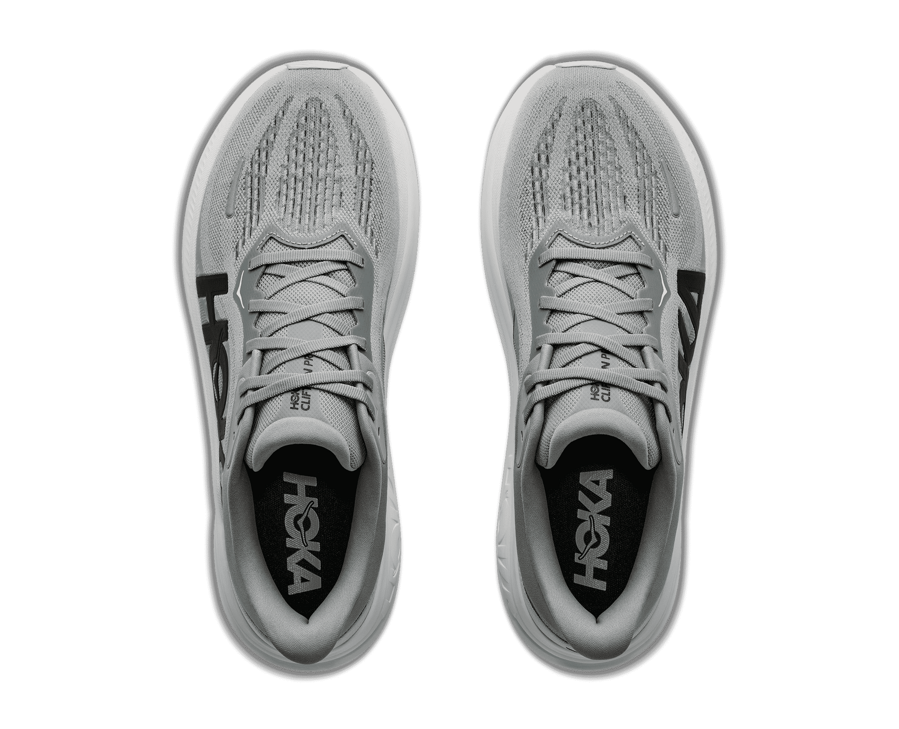 HOKA Clifton Pro running shoes in Stellar Grey top-down view showing both shoes
