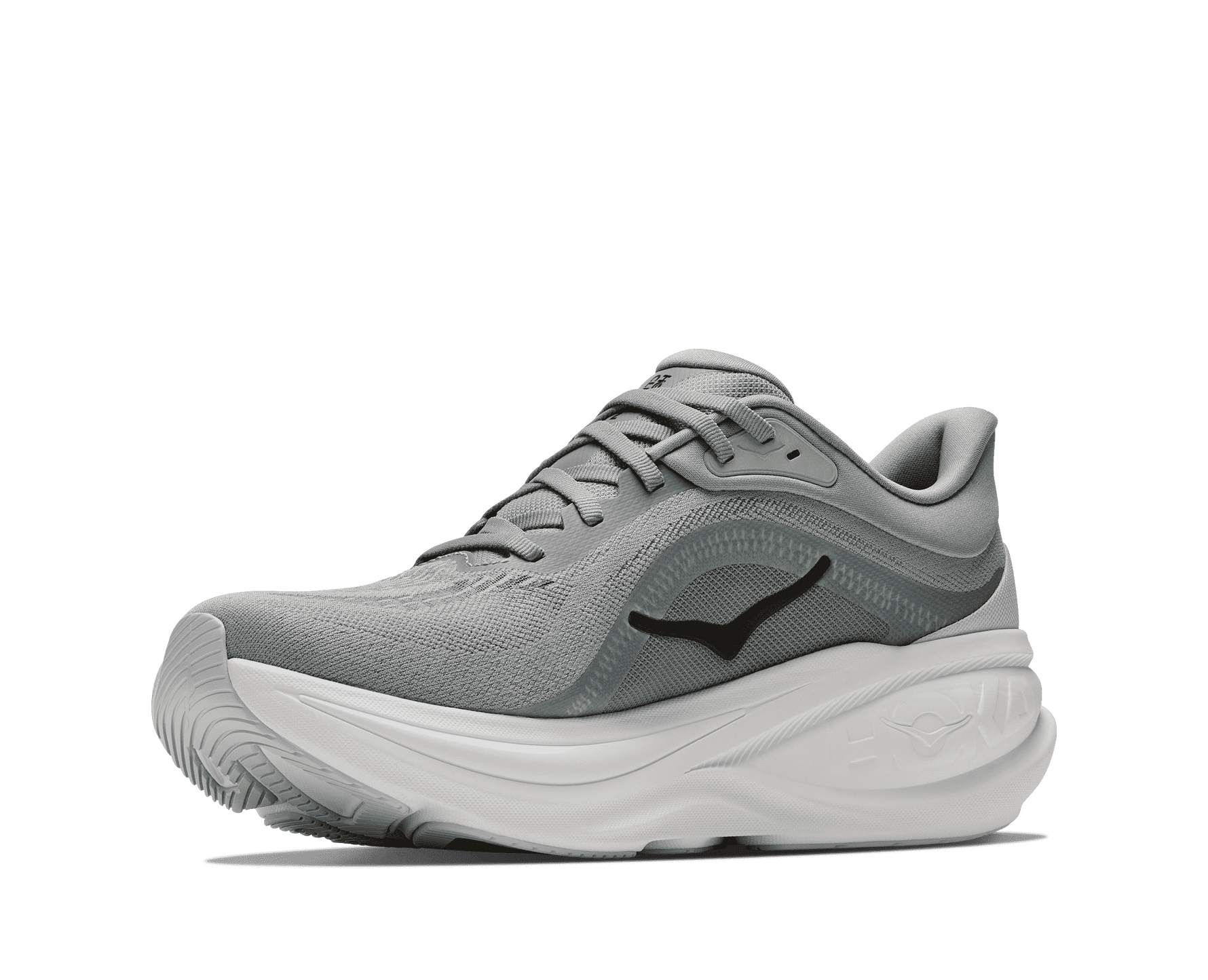 Hoka Clifton Pro running shoe in Stellar Grey with white midsole, three-quarter front view