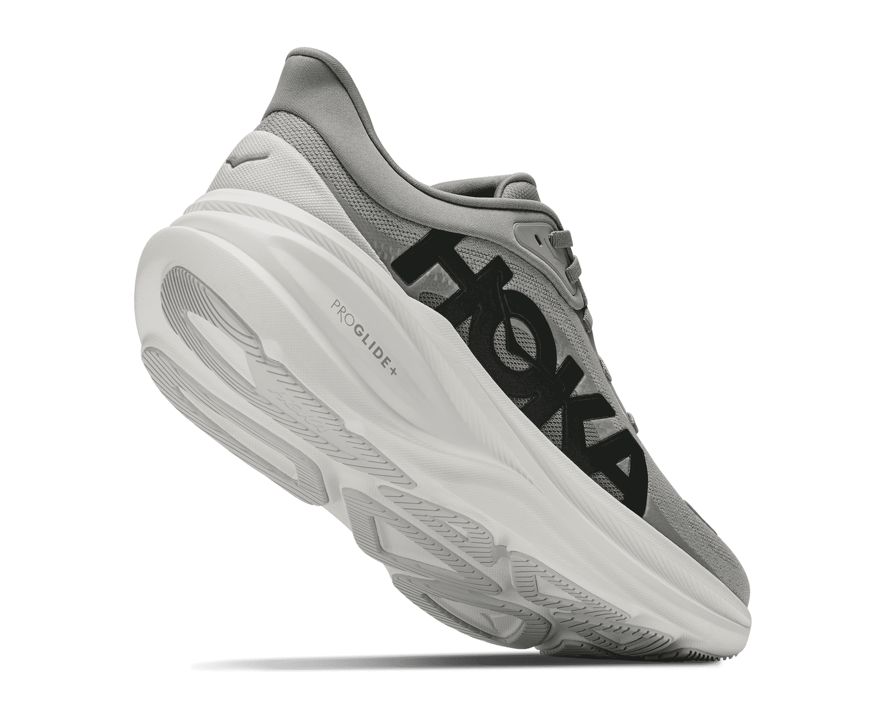 HOKA Clifton Pro running shoe in Stellar Grey with white ProGlide+ midsole and black logo