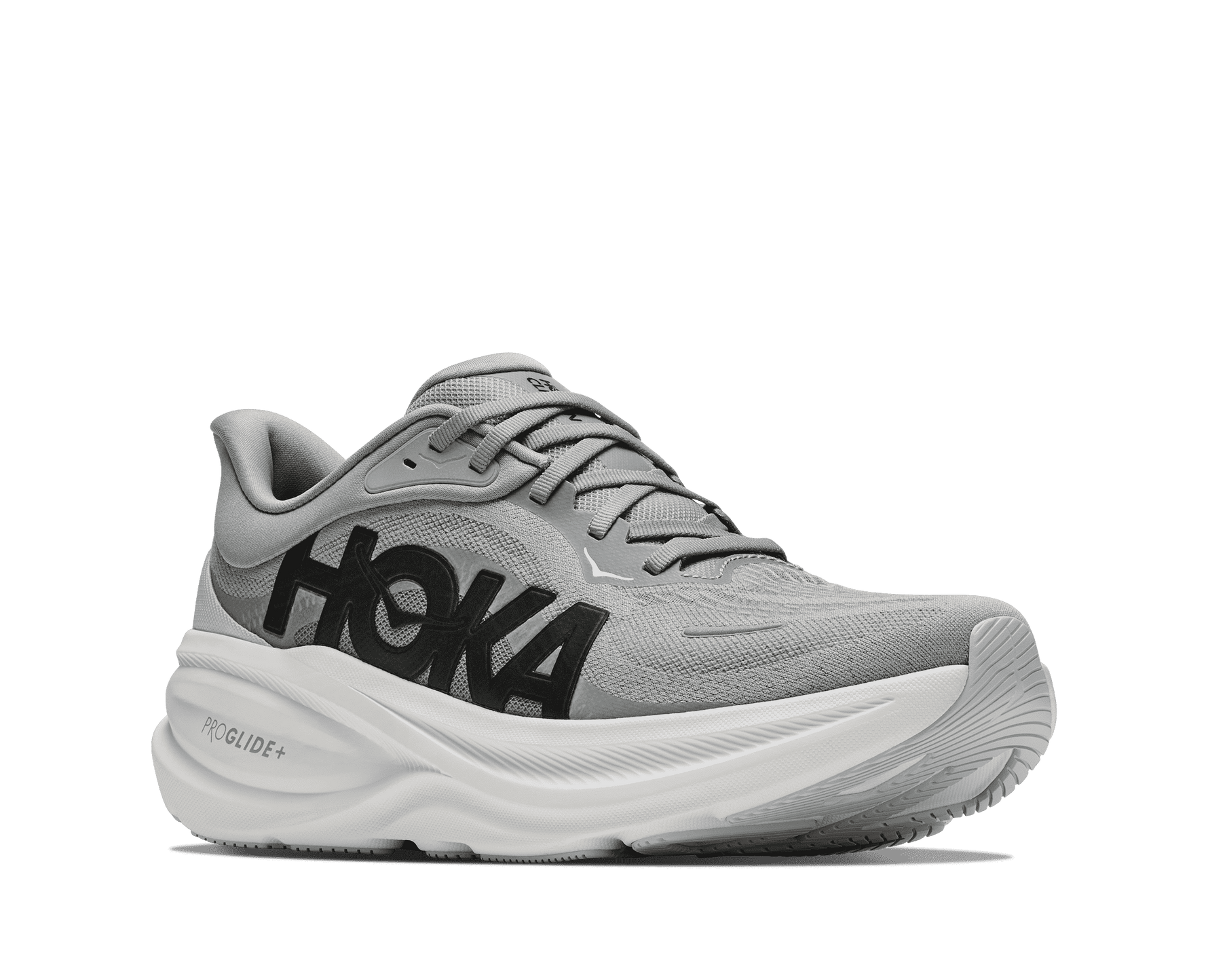 HOKA Clifton Pro running shoe in Stellar Grey with white ProGlide+ midsole