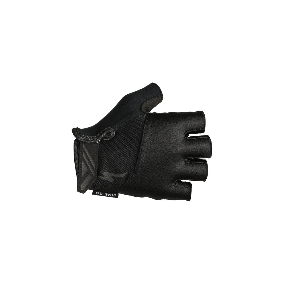 Black Specialized Body Geometry Dual-Gel fingerless cycling gloves on white background