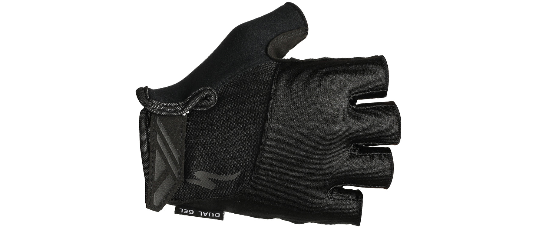 Black Specialized Body Geometry Dual-Gel fingerless cycling gloves on white background