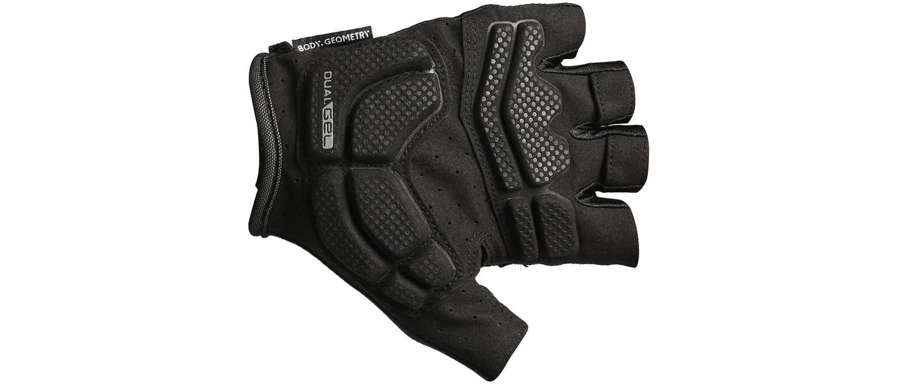 Black Specialized Body Geometry cycling gloves with gel padding and fingerless design
