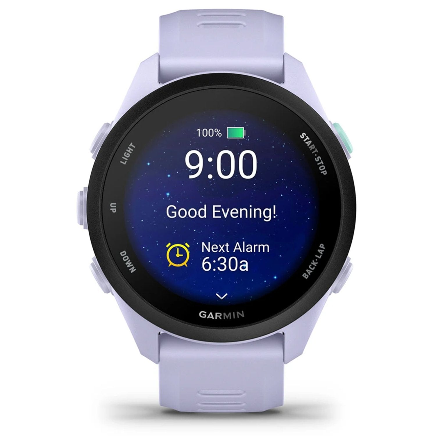 Garmin Forerunner 265 smartwatch in Cool Lavender showing 9:00 PM evening screen with alarm