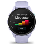 Garmin Forerunner 70 smartwatch in Cool Lavender showing workout intensity selection screen