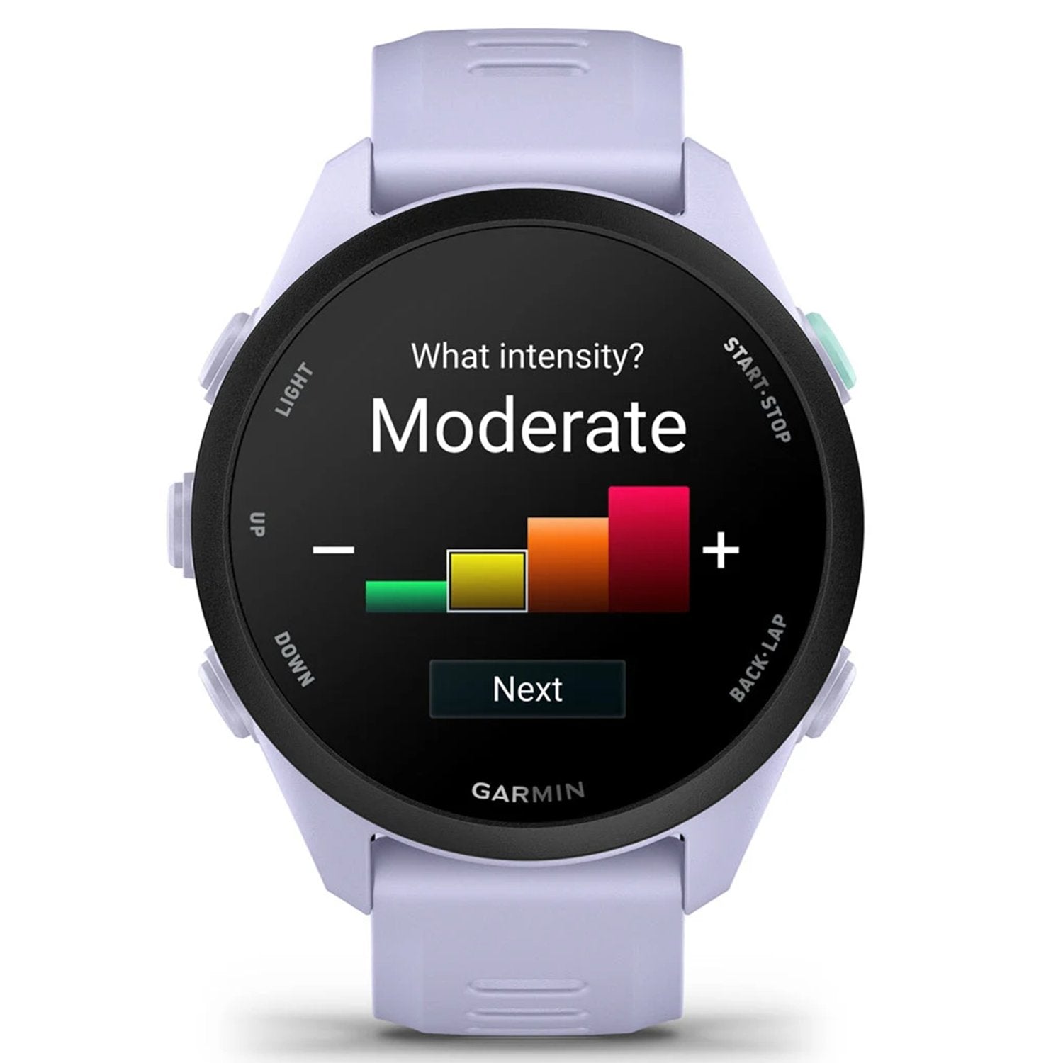Garmin Forerunner 70 smartwatch in Cool Lavender showing workout intensity selection screen