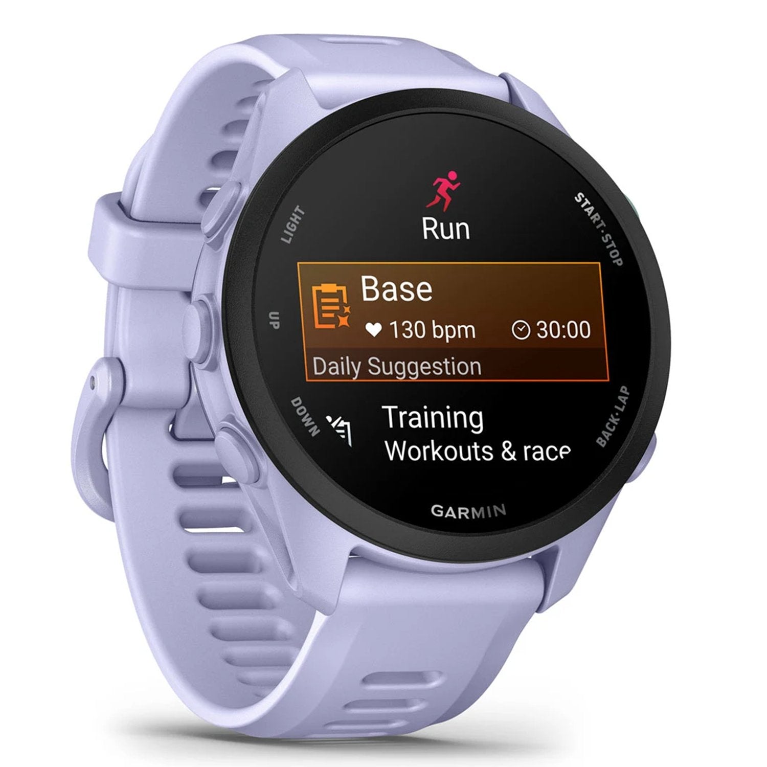 Garmin Forerunner 255 running GPS smartwatch in Cool Lavender displaying Run Base workout screen
