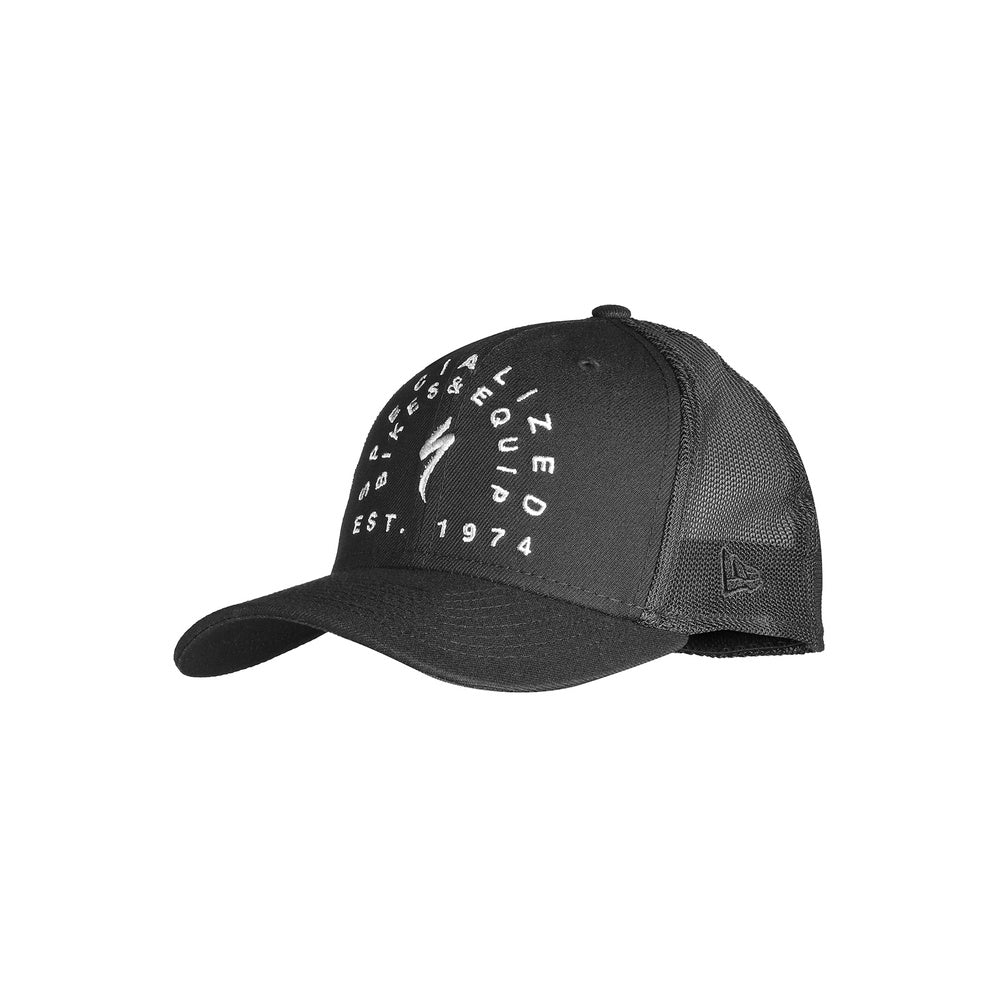 Black Specialized New Era Stoke trucker hat with circular logo and mesh back panels