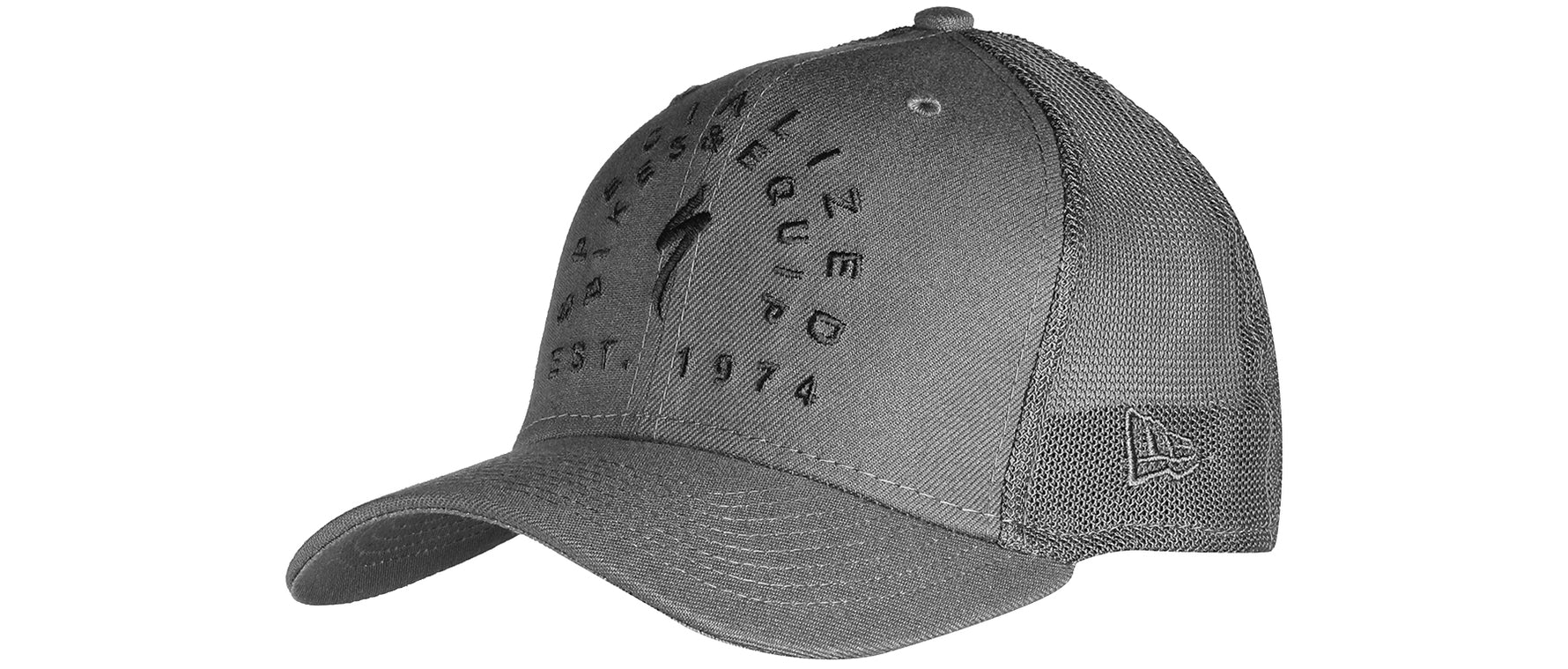 Specialized New Era Stoke Trucker Hat in charcoal gray with mesh back panels