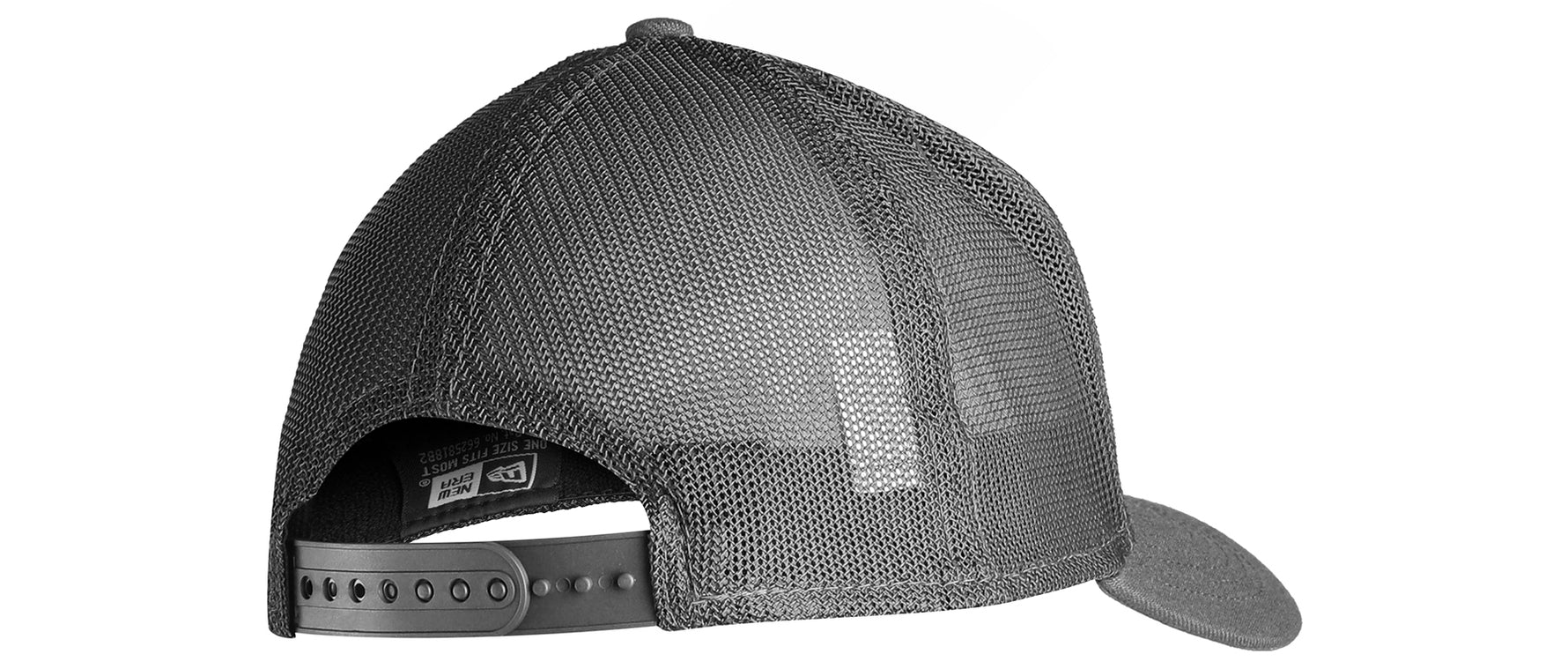 Specialized New Era Stoke Trucker Hat in charcoal gray showing side profile with mesh back