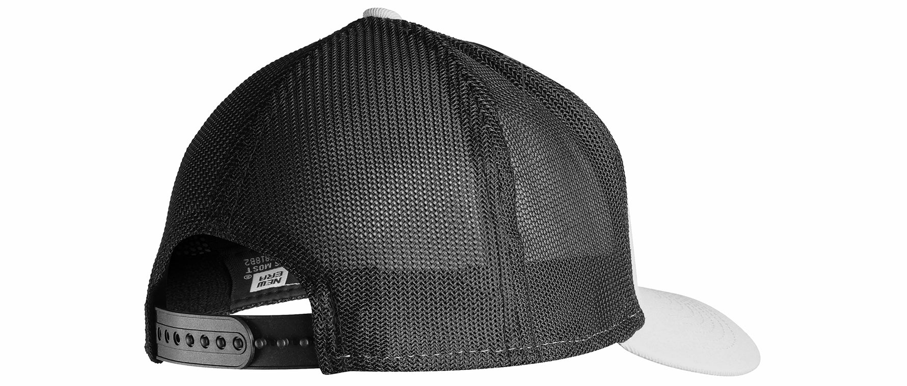 Specialized New Era black trucker hat with textured pattern shown from side angle