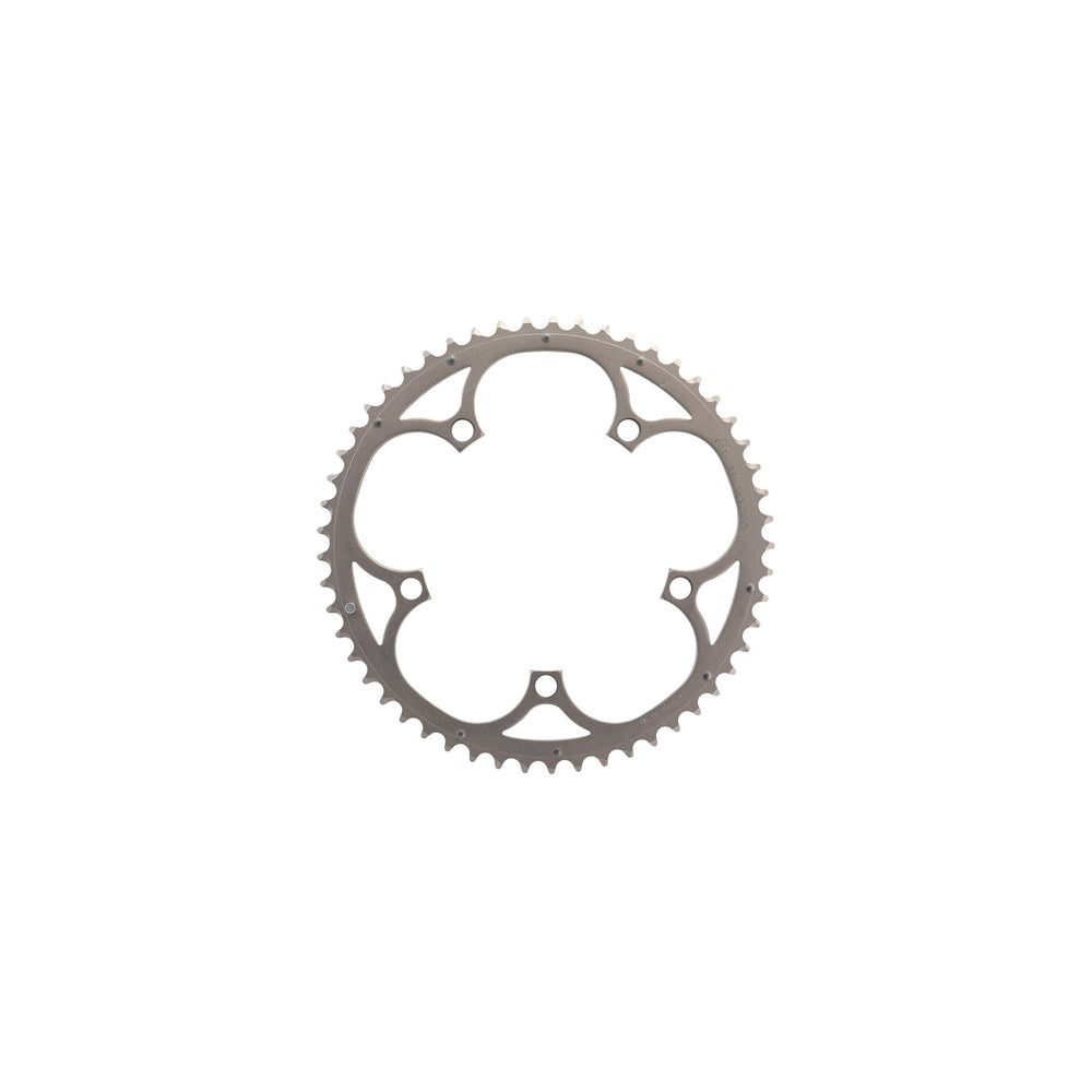Campagnolo silver chainring with 53 teeth and 5-bolt BCD pattern on white background