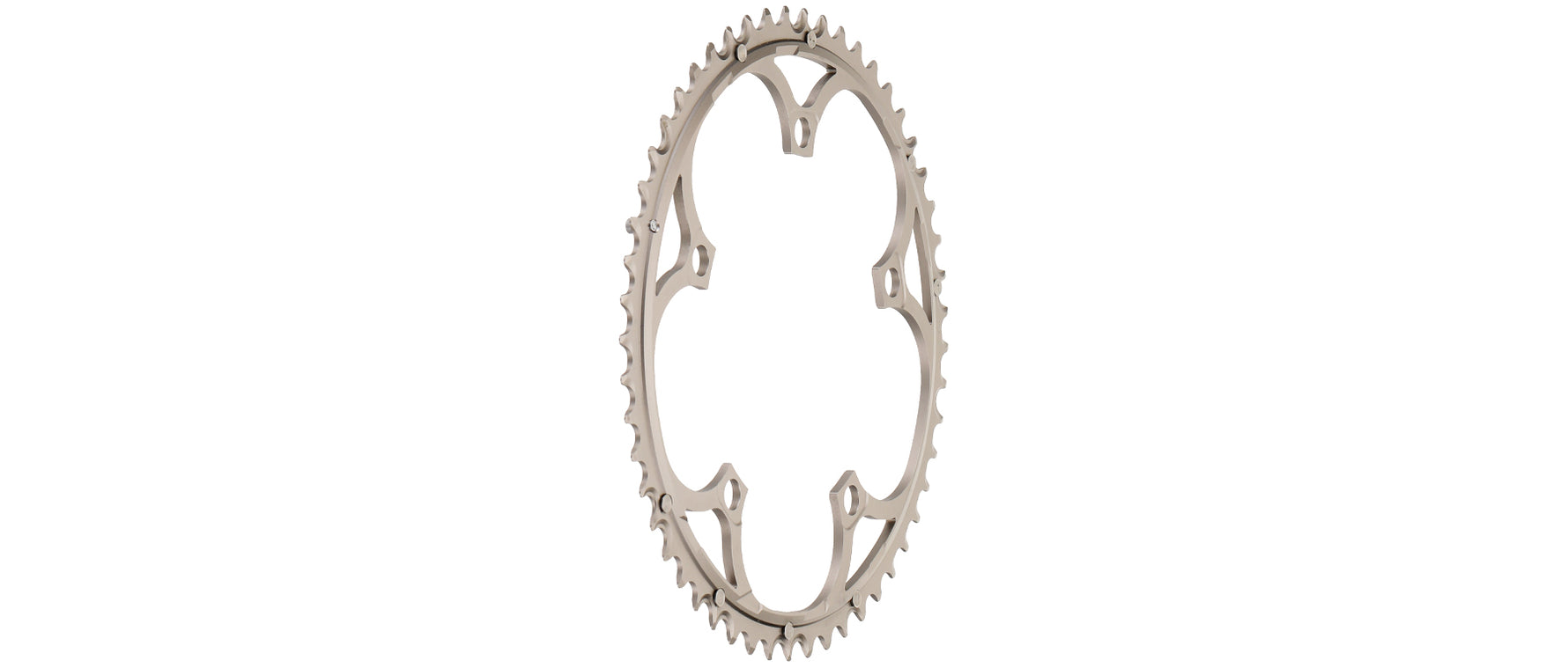 Campagnolo silver chainring with teeth around perimeter on clean white background