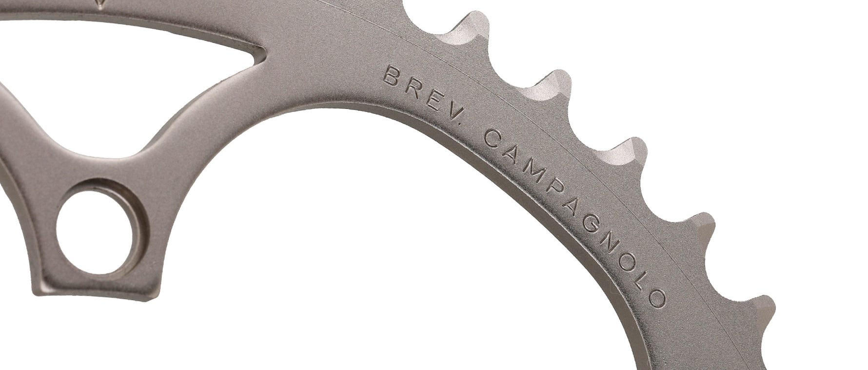 Campagnolo silver chainring with gear teeth and professional studio lighting against white background
