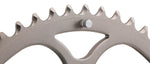 Campagnolo silver metallic chainring showing teeth and mounting bolt detail on white background
