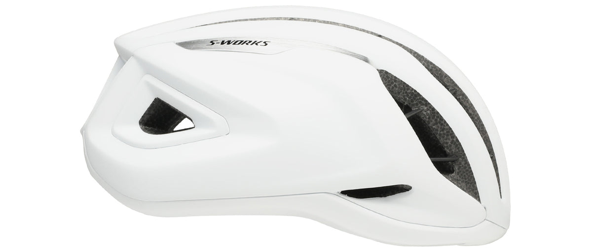Specialized S-Works Prevail 3 road cycling helmet in matte white, side profile view