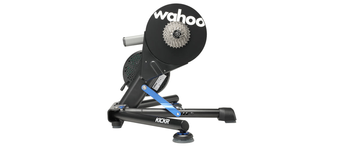 Wahoo KICKR smart trainer angled view showing KICKR branding on base