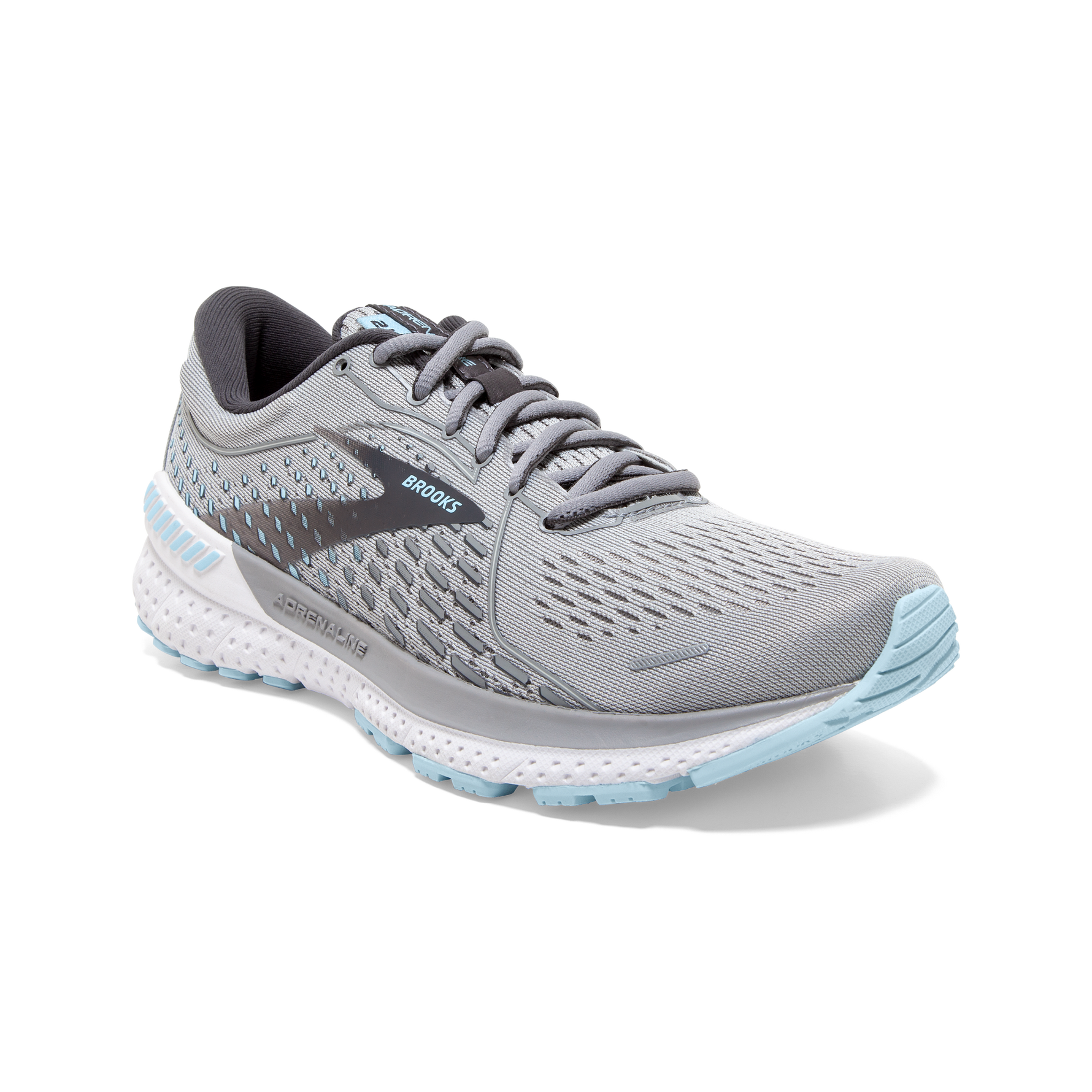 Brooks Adrenaline GTS 21 women's running shoe in gray with light blue accents
