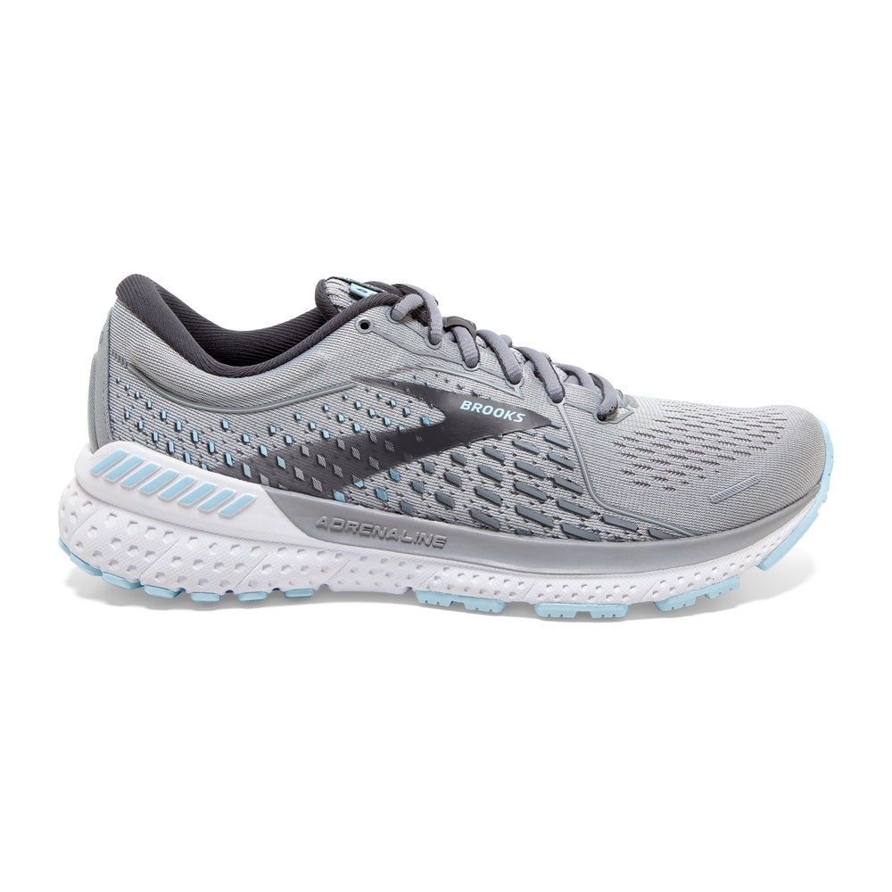 Brooks Adrenaline GTS 21 women's running shoe in oyster gray with light blue accents