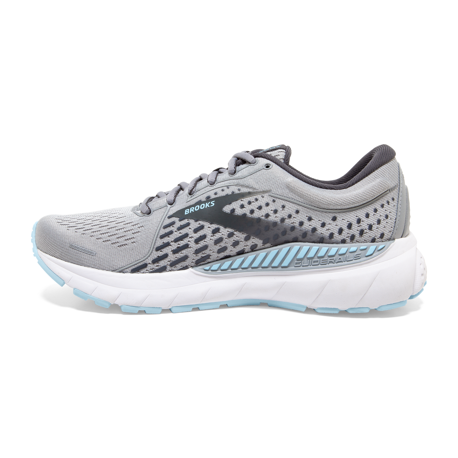 Brooks Adrenaline GTS 21 women's running shoe in oyster gray with light blue sole