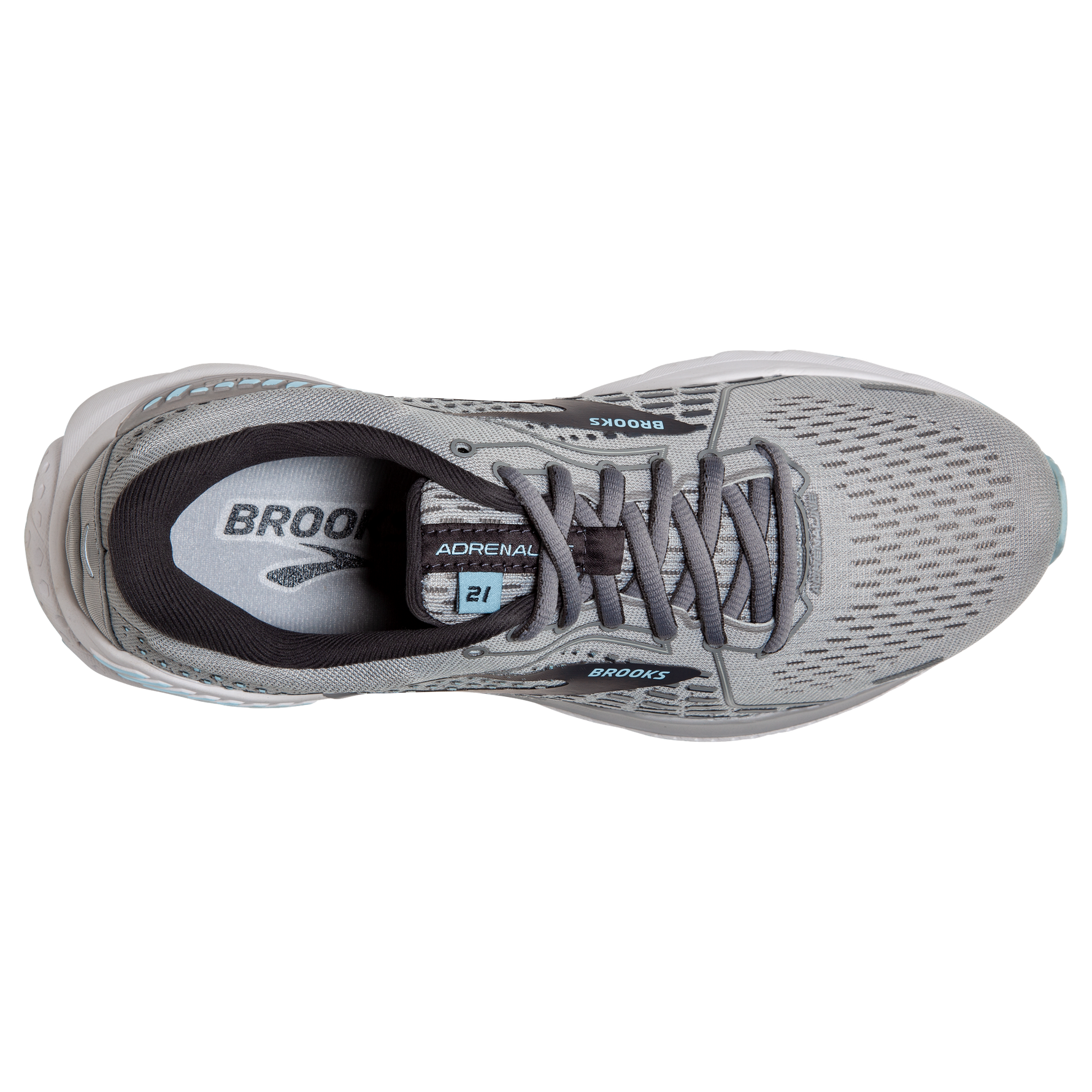 Brooks Adrenaline GTS 21 women's running shoe in oyster gray with light blue accents
