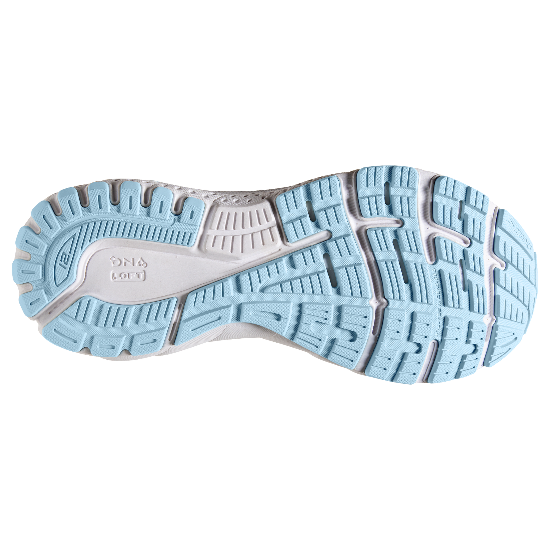 Brooks Adrenaline GTS 21 running shoe sole in light blue and oyster colors