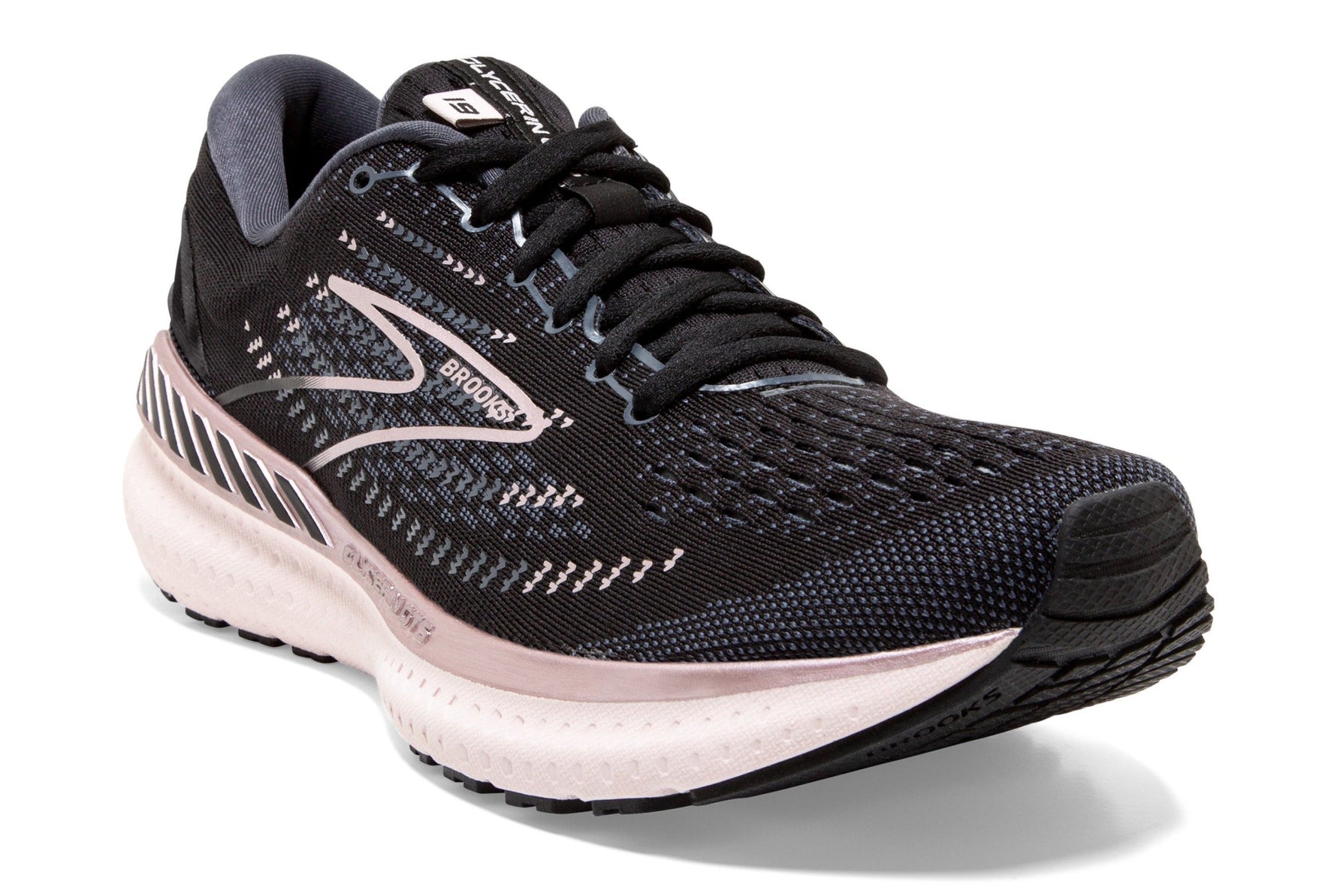 Brooks Glycerin GTS 19 women's running shoe in black ombre with pink sole