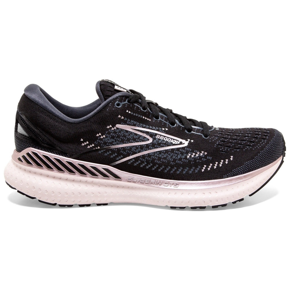 Brooks Glycerin GTS 19 women's running shoe in black with pink midsole