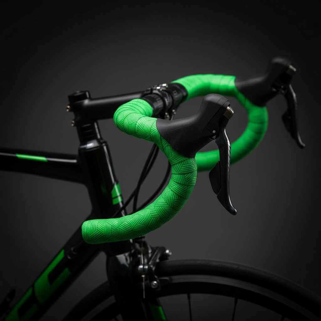 Green textured bar tape wrapped on black bicycle handlebars against dark background