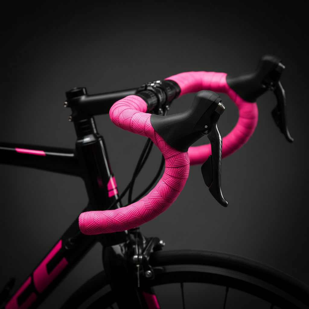 Pink geometric patterned bar tape wrapped on black bicycle handlebars against dark background