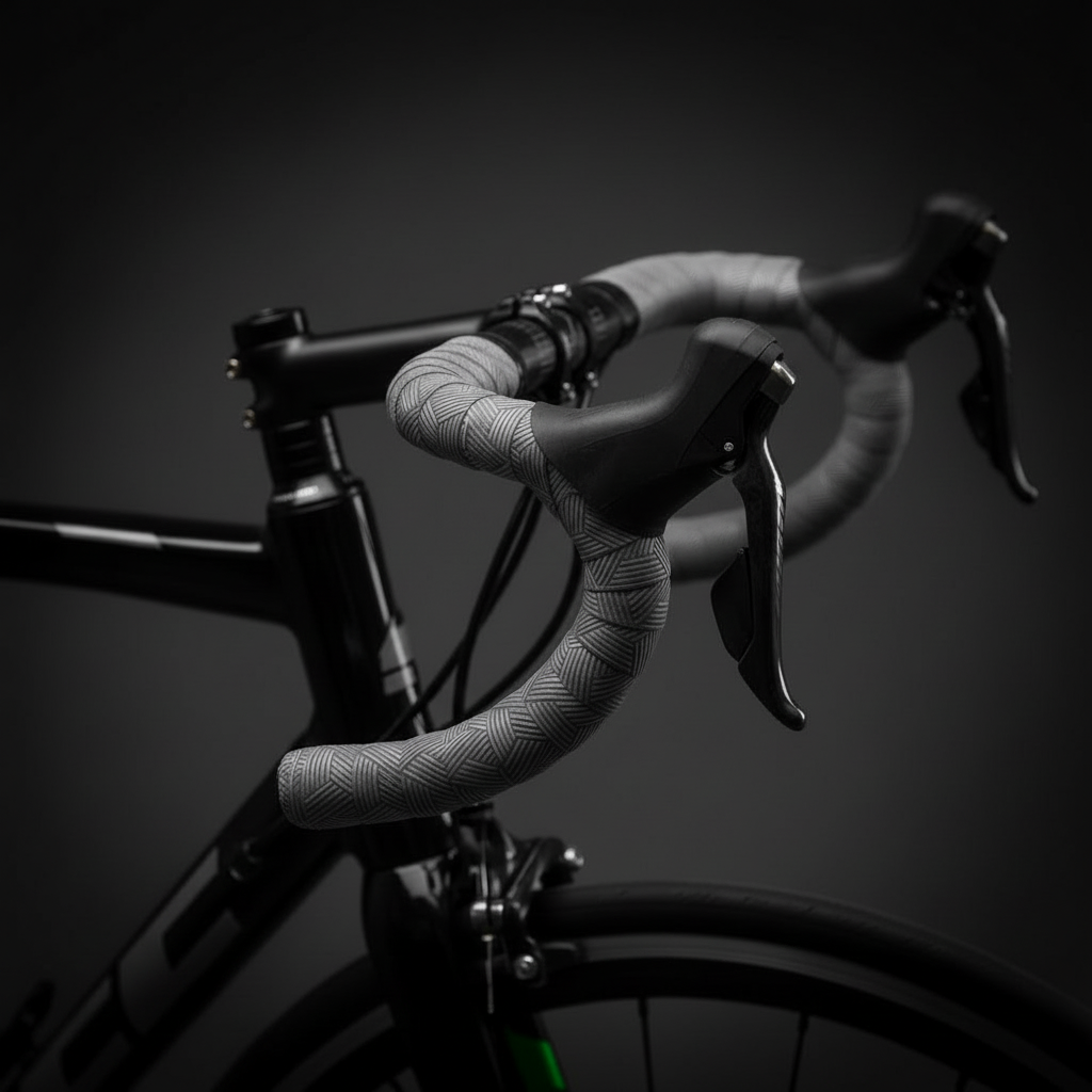 Grey patterned bar tape wrapped on road bike handlebars in studio lighting