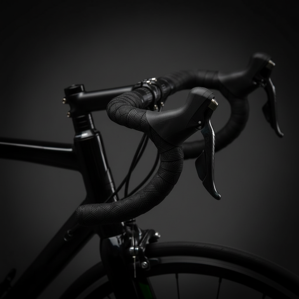 Black geometric patterned bar tape wrapped on bicycle drop handlebars